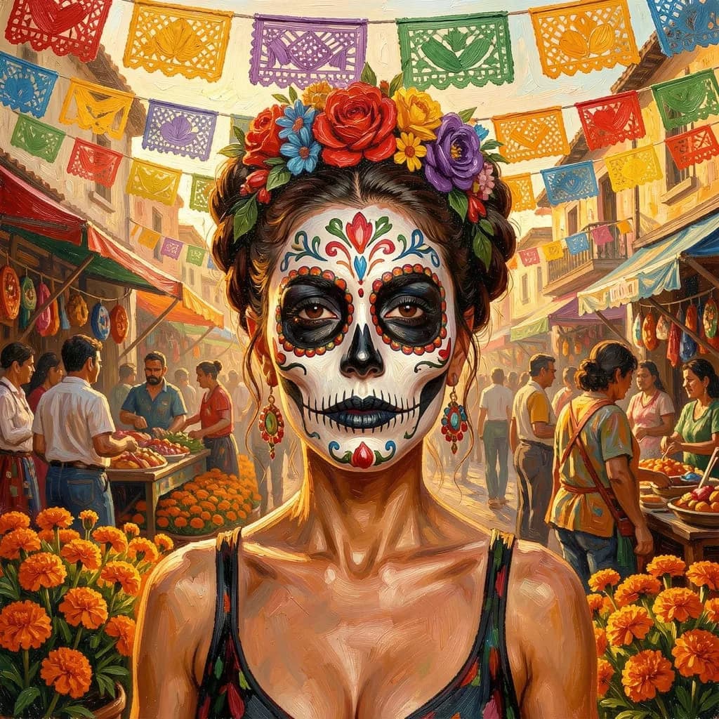 Catrina at the Día de los Muertos market — painterly tribute